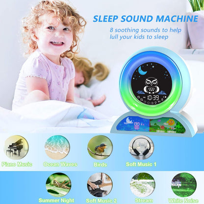 Angju Alarm Clock for Kids, Toddlers Sleep Training Clock with Night Light, Sound Machine & Night Light, Multifunctional Cute Digital Wake Up Clock for Boy and Girl Bedrooms, Birthday Gift