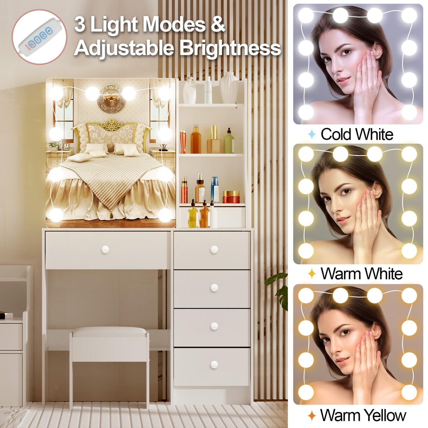 LIANWANG Dressing Table with LED Lighting, 3 Colour Temperatures, Adjustable Brightness, Dressing Table with Mirror for Make-Up, 6 Drawers, 1 Stool, 131 x 80 x 36 cm, White