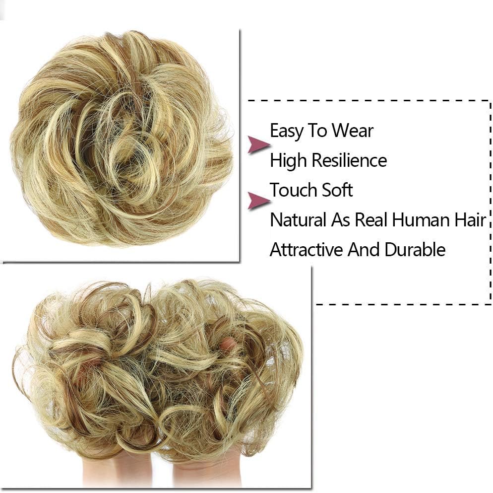 MORICA 1PCS Messy Hair Bun Hair Scrunchies Extension Curly Wavy Messy Synthetic Chignon for Women (12AH613(Light Golden Brown & Lightest Blonde))