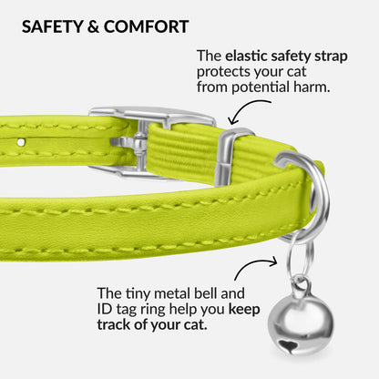 CollarDirect Leather Cat Collar with Elastic Safety Strap and Bell for Boy, Girl, Kitten (Neck Fit 9"-11", White)