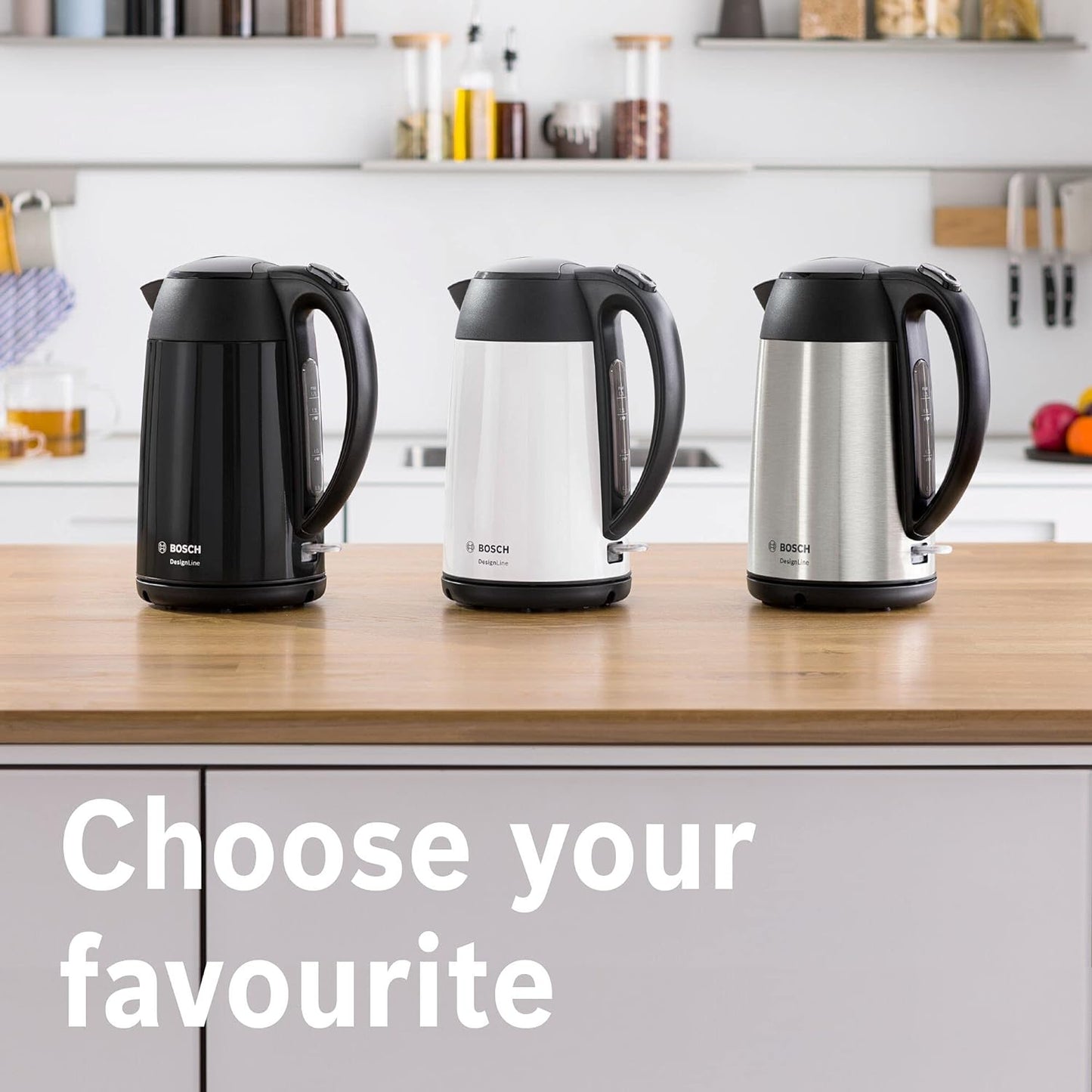 Bosch DesignLine Stainless Steel Cordless Kettle, 1.7 Litres, 3000W - Black, TWK3P423GB, 1 Year Manufacturer Warranty