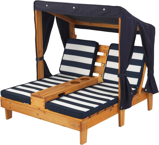 KidKraft Wooden Outdoor Double Chaise Lounge with Cup Holders, Kid's Patio Furniture, Honey Navy and White Striped Fabric, Gift for Ages 3-8