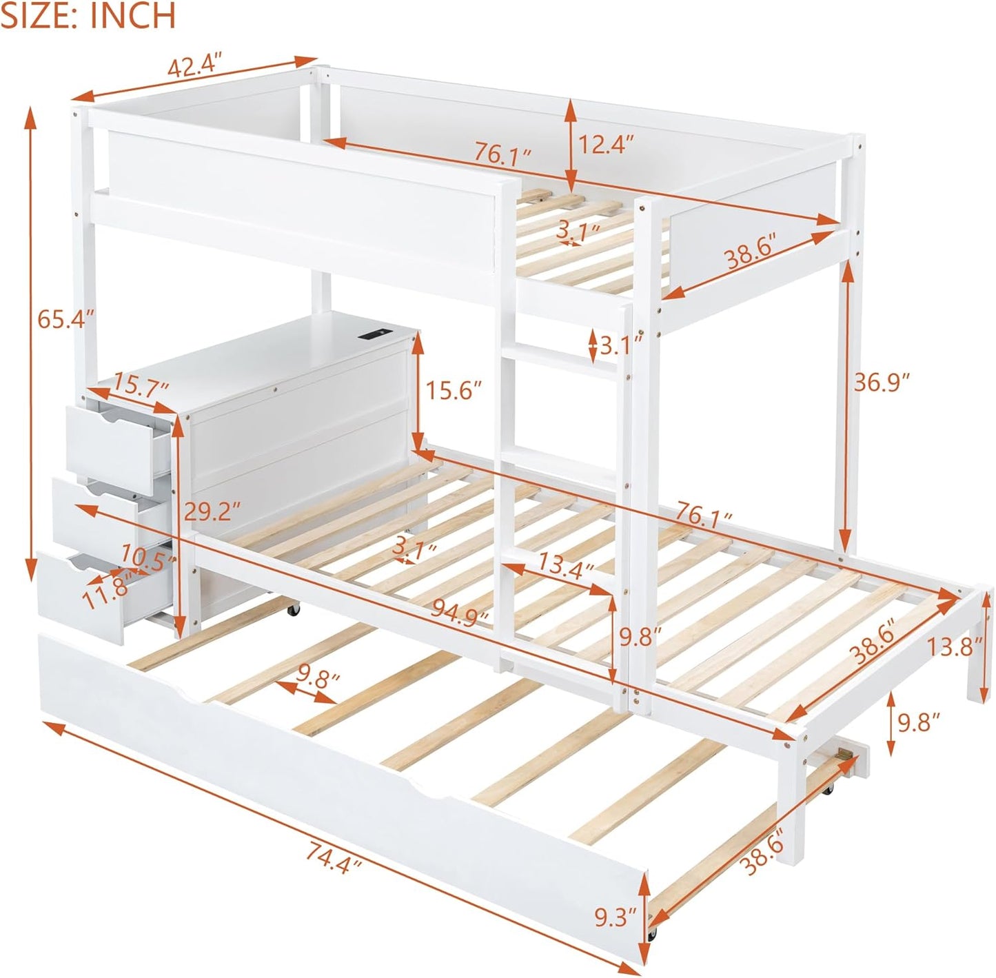 Ball & Cast Twin-Over-Twin Bunk Bed with Twin Size Trundle,Solid Wood Bedframe W/Desk & Drawers,USB,Space Saving,Easy Assembly,Multifunctional Bedroom Furniture Set for Boys Girls Teens,White