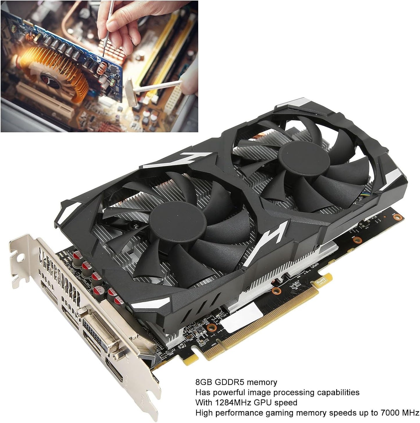 RX 580 Graphics Card, 8GB GDDR5 256bit Gaming Graphics Card with 2 Cooling Fans, 3 x DP HDMI DVI Output, Support 8K 16 PCI Express 3.0