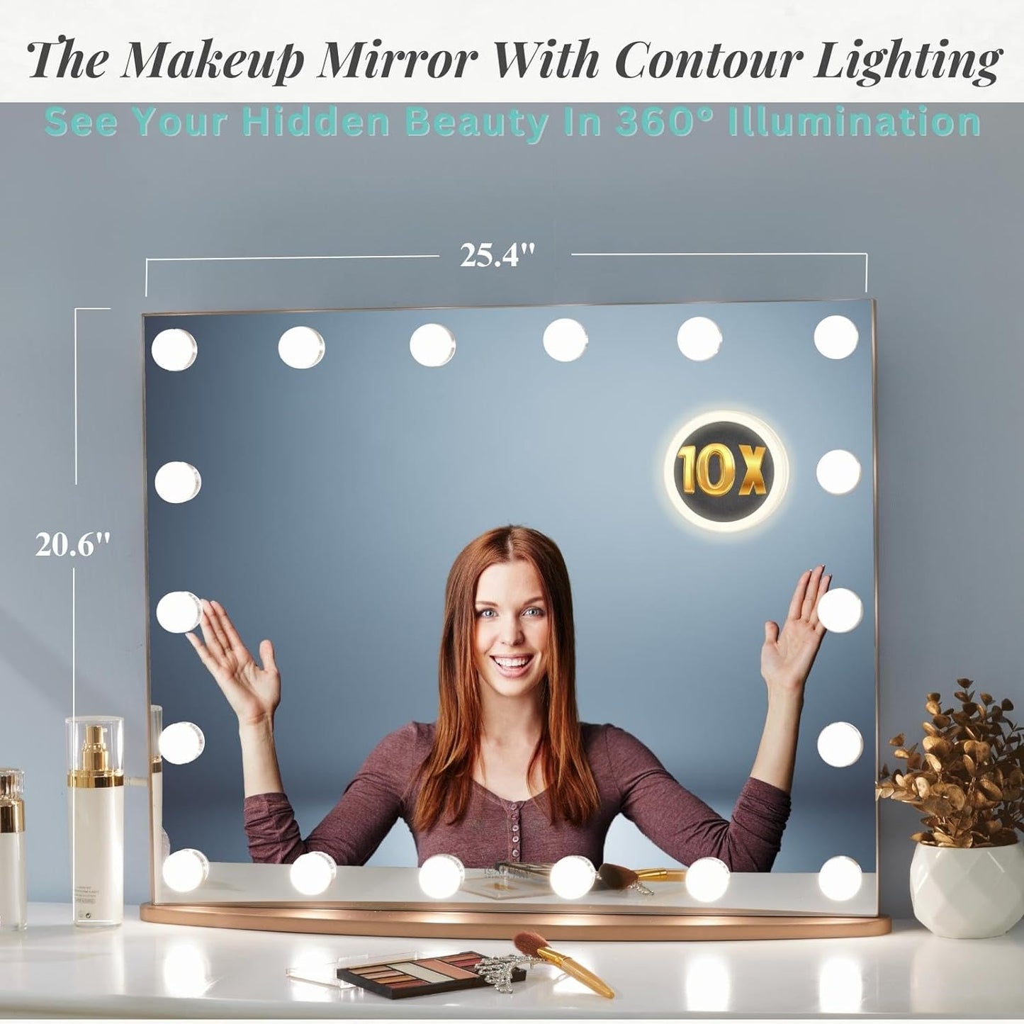 LUXFURNI Vanity Mirror with Makeup Lights, Large Hollywood Light up Mirrors w/ 18 LED Bulbs for Bedroom Tabletop & Wall Mounted (26Wx21L, Black)