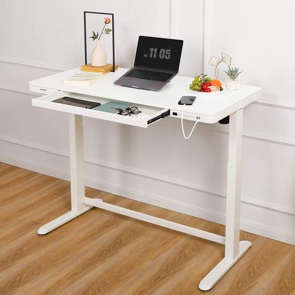 Flexispot Electric Height AdjUStable Standing Desk With Drawer 48 X 24 Inch Tempered Glass White Desktop & Frame Home Office Computer Workstation (2.4A USb Charge Ports, Memory Controller, Child Lock)