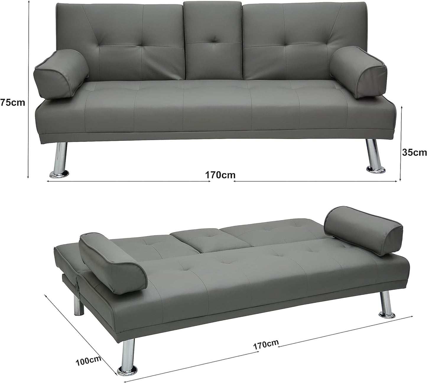 Modern Design SOFA CUM BED OR 3 Seater Sofa Soft PU leather 3-Seater Sofa,Made of finiest Pu Leather sofa cum bed is Foldable Futon Bed for Living Room – Light Grey