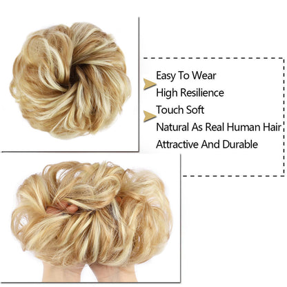 MORICA 1PCS Messy Hair Bun Hair Scrunchies Extension Curly Wavy Messy Synthetic Chignon for Women (12AH613(Light Golden Brown & Lightest Blonde))