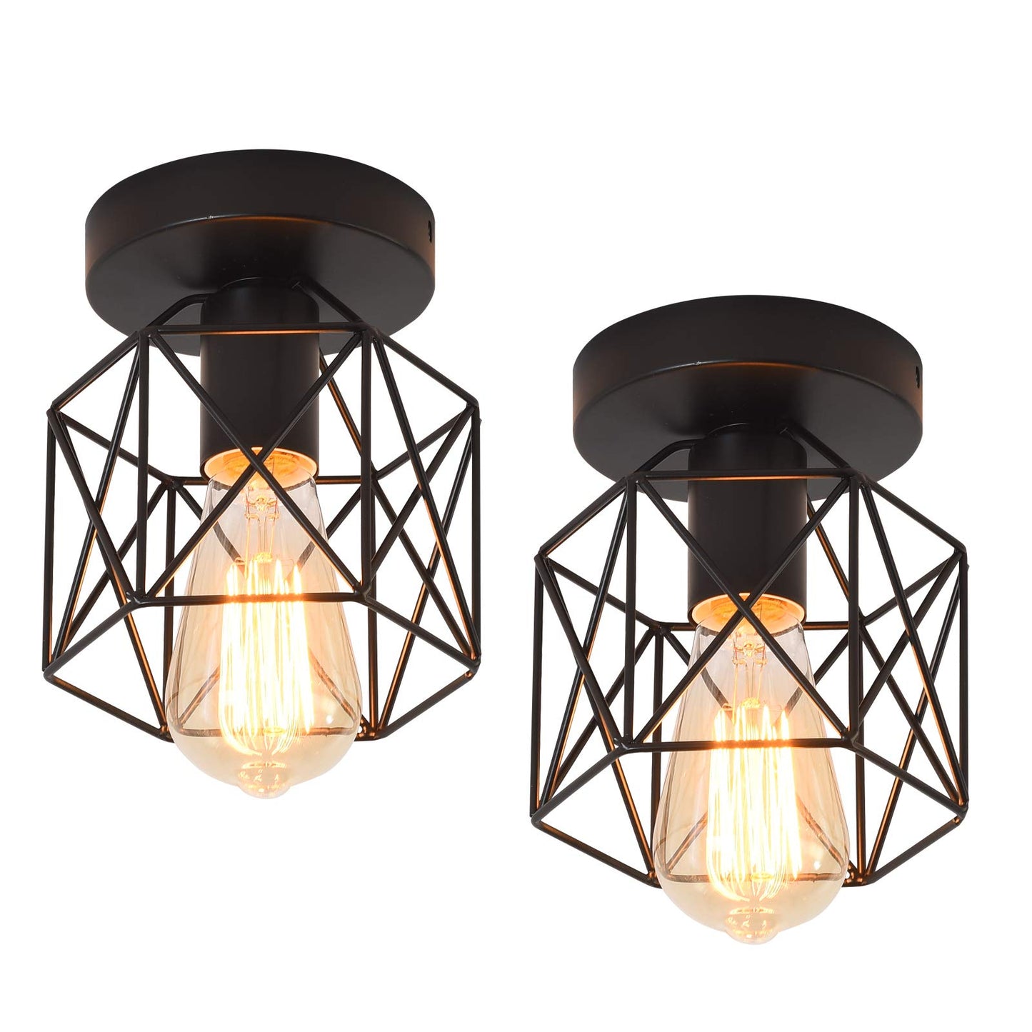 Qcyuui Gold Retro Metal Cage Industrial Vintage Ceiling Lights, Semi-Flush Mount Ceiling Lighting Fixture for Hallway, Dining Room, Bedroom, Balcony, Kitchen, Farmhouse Indoor Lighting, 2 Pack