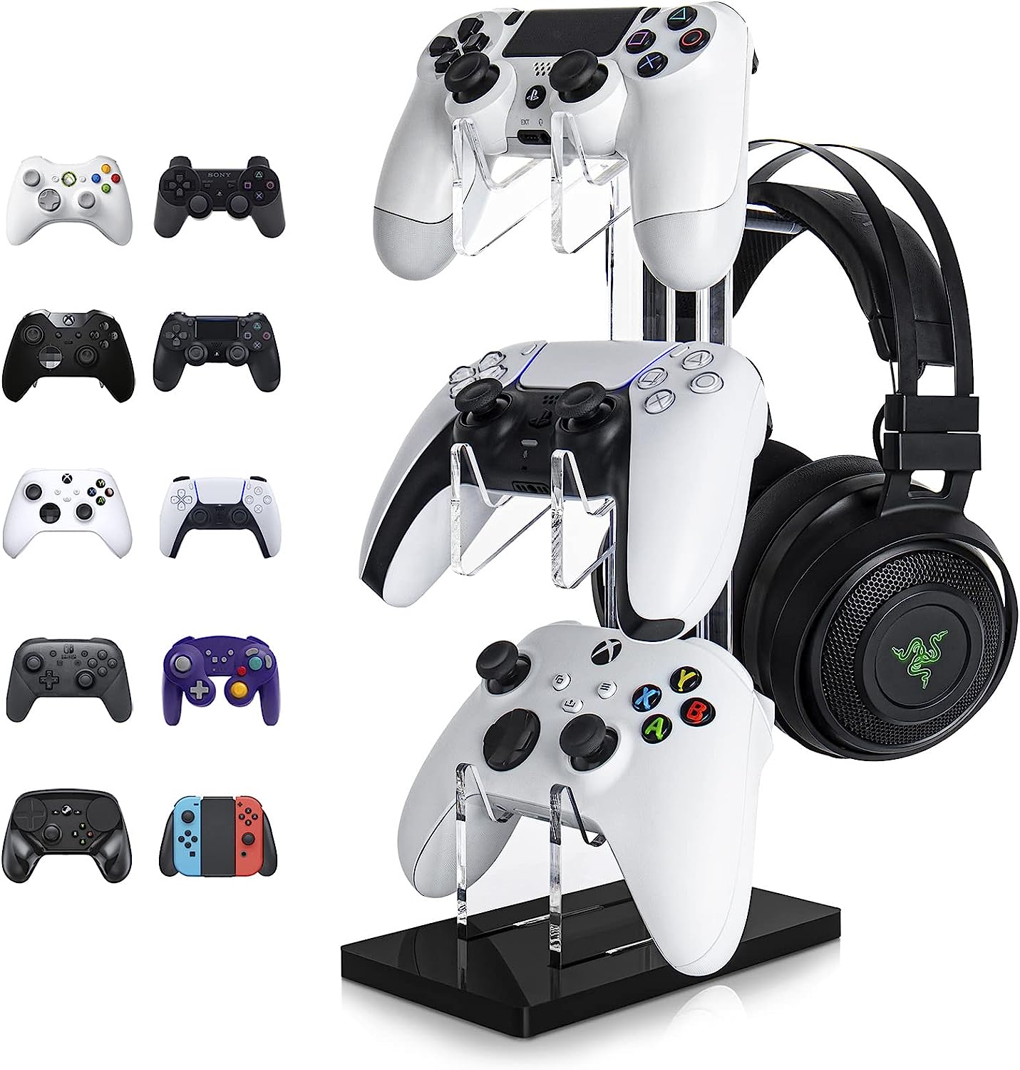 OAPRIRE Universal 3 Tier Controller Stand and Headset Stand for Xbox ONE X Switch PS4 PS5 PC, Controller Holder Gaming Accessories, Build Your Game Fortresses (Clear)