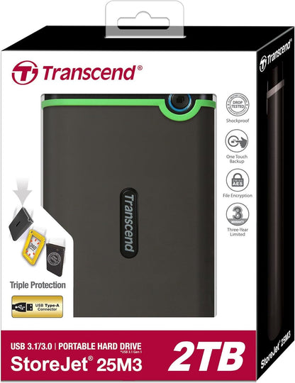 Transcend 2 TB USB 3.0 External Hard Drive - Military Drop Standards TS2TSJ25M3