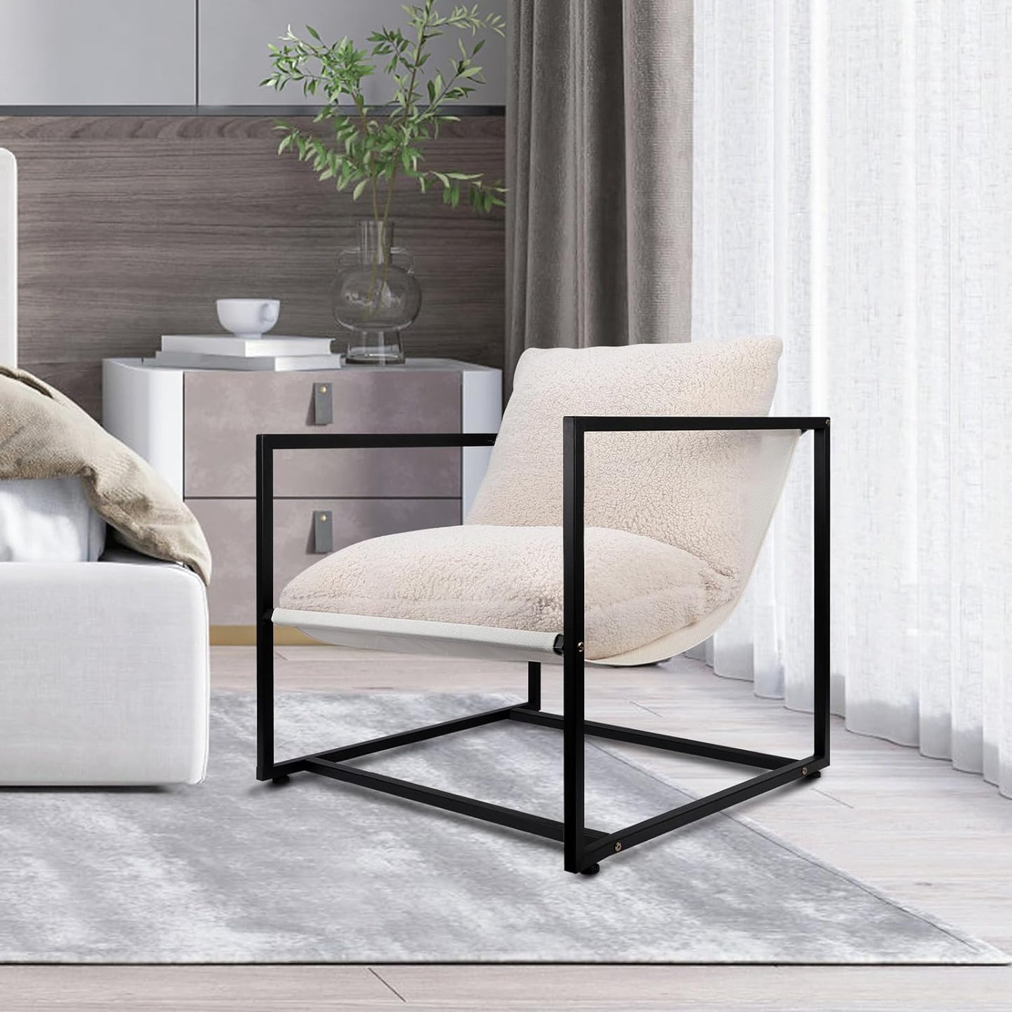 ZYBT Sherpa Modern Accent Chairs, Living Room Chairs with Metal Frame and Upholstered, Lazy Arm Chair with White Boucle for Bedroom