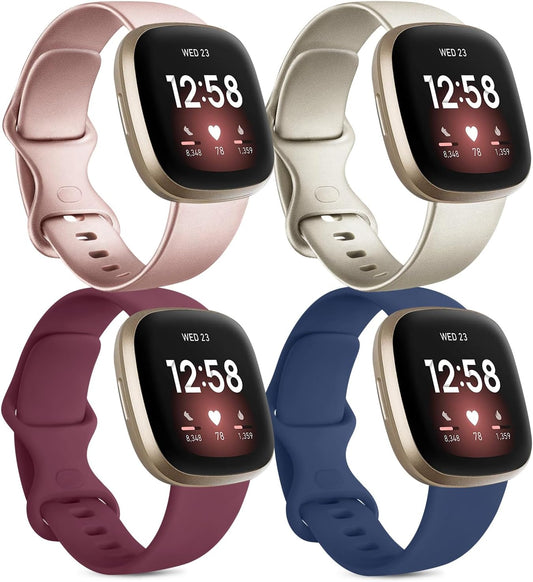 4 PACK Bands For Fitbit Versa 4/ Versa 3/Sense 2/Sense Band Women Men, Classic Soft Silicone Straps for Fitbit Versa 4 / Versa 3 Smart Watch