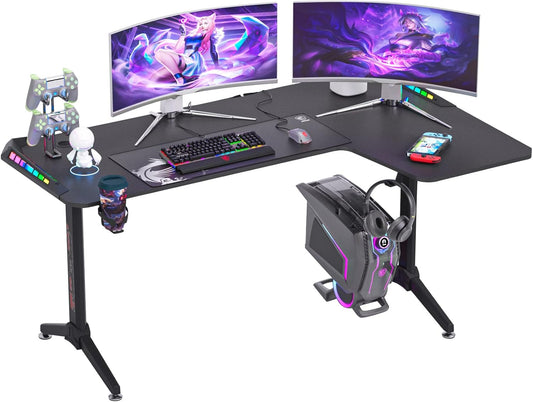 L-Shaped Gaming Desk Computer Workstation: 160x100cm Large Corner Gamer Table Carbon Fiber Desktop Study Work Desks LED RGB Light Cable Management Box Headphone Hook and Cup Holder for home Office