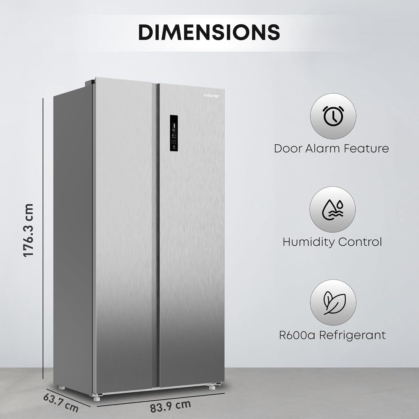 KROME 600L Gross, Side By Side Refrigerator with Multi Air Flow System, Electronic Touch Temperature Control, Door Alarm, No Frost Cooling System, 10 Year Compressor Warranty, Silver- KR-SBS601SM