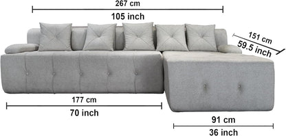 L-Shaped Sectional Sofa with Tufted Cushions, Beige Color