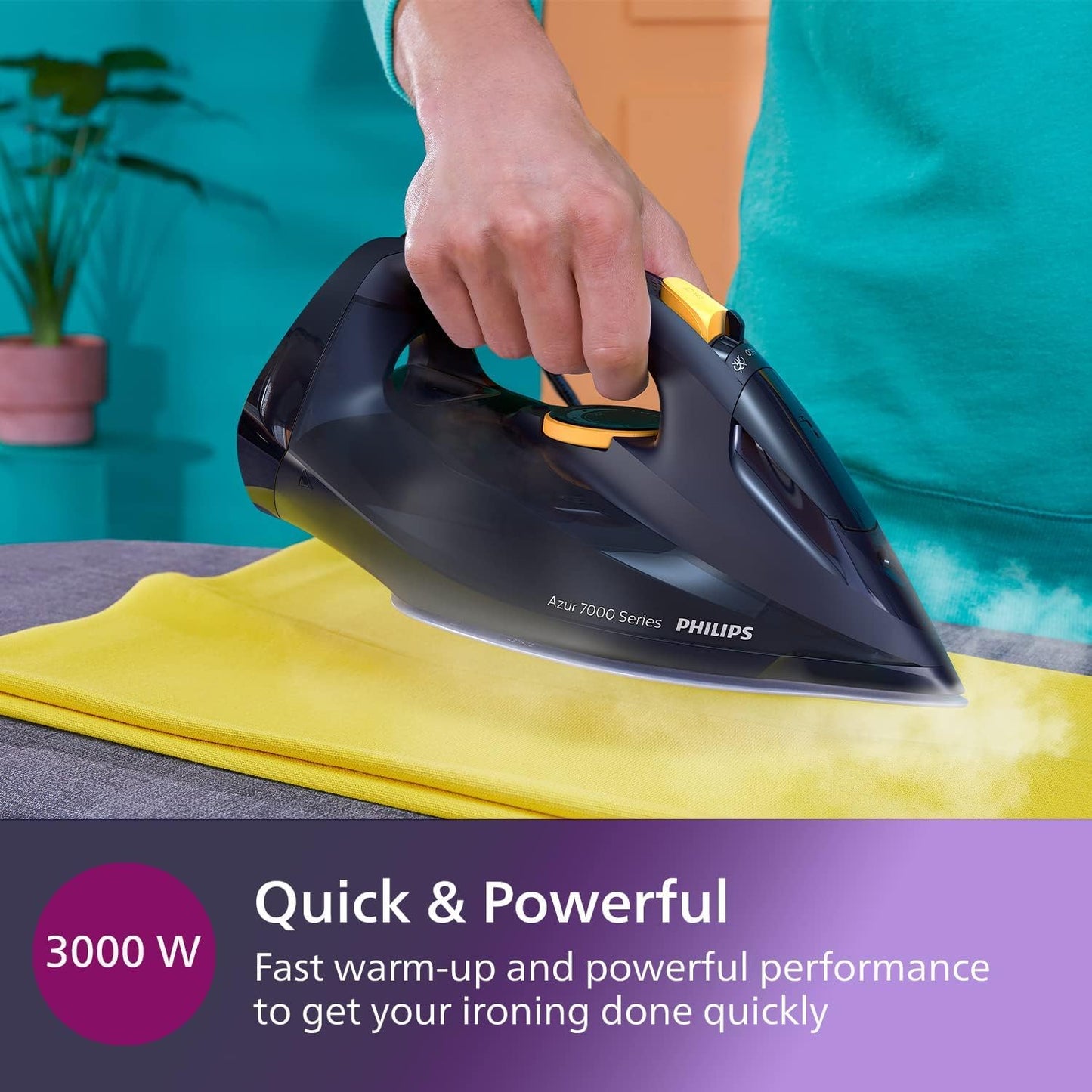 Philips 7000 Series Steam Iron – 3000W, 55g/min Steam, 250g Steam Boost, SteamGlide Elite Soleplate, Blue/Yellow (DST7060/20)