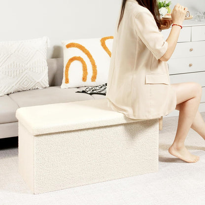 PINPLUS Storage Ottoman Foot Rest Stool, White Folding Sherpa Ottoman, Ottoman with Storage, Teddy Velvet Ottoman for Living Room, Bedroom, Dorm, 16.5" x 12.6" x 12.6"