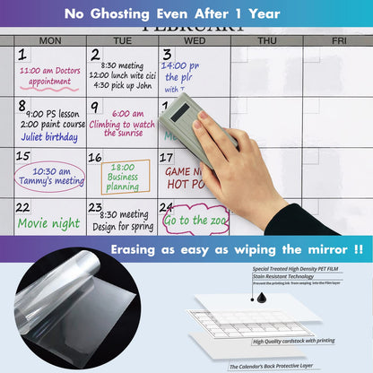 Dry Erase Monthly Laminated Jumbo Whiteboard Calendar, 25" by 38", Erasable Family Schedule Planner