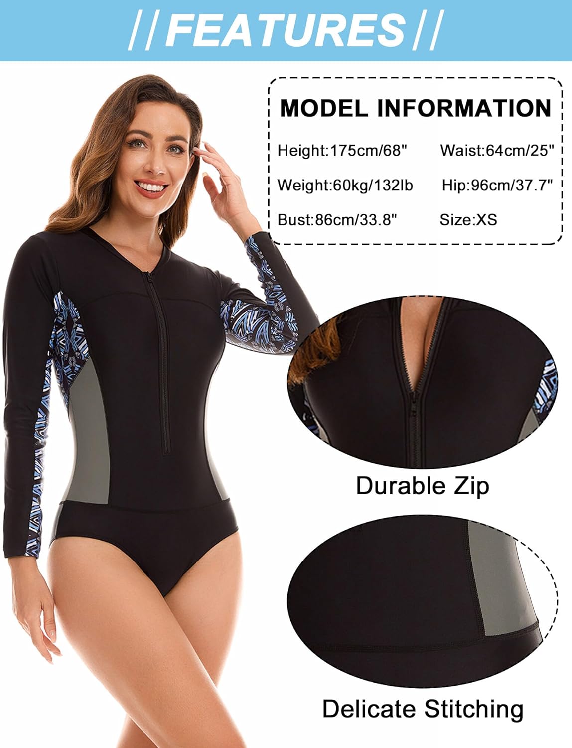 Maeau Women's Long Sleeve Rash Guard UV Protection Zipper Printed Surfing One Piece Swimsuit Bathing Suit