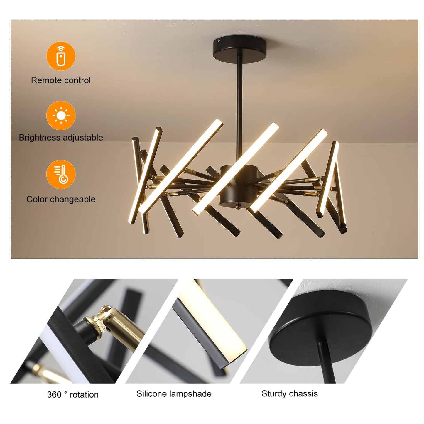 Jaycomey Modern LED Chandelier,63W Dimmable Black LED Pendant Light,12 Lights Embedded Mount Chandeliers Dining Room Light Fixtures,DIY Flush Mount Ceiling Lamp for Bedroom Living Room 55cm