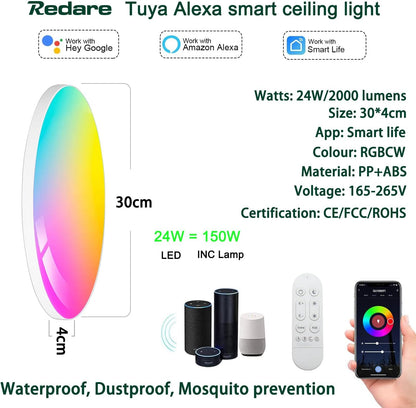 Redare Alexa Smart Ceiling Light,RGB Wifi Ceiling Light,30cm 24W Dimmable LED Flush Mount Ceiling Light Compatible with Alexa Google Home,Color Changing Ceiling Lamp for Bedroom,Kitchen (WiFi, White)