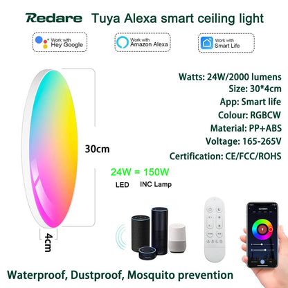 Redare Alexa Smart Ceiling Light,RGB Wifi Ceiling Light,30cm 24W Dimmable LED Flush Mount Ceiling Light Compatible with Alexa Google Home,Color Changing Ceiling Lamp for Bedroom,Kitchen (WiFi, White)