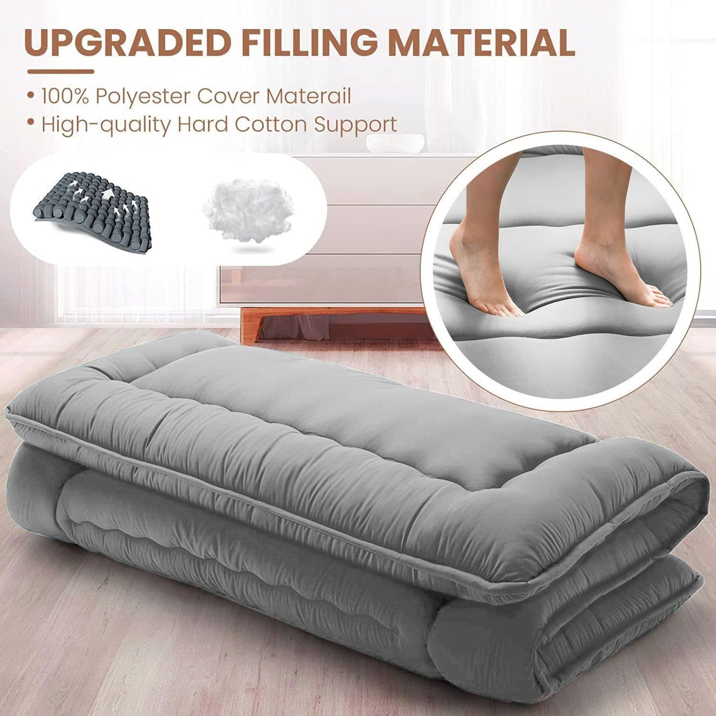 LIODUX Japanese Floor Mattress Futon Mattress, Thicken Daybed Futon Sleeping Pad Foldable Roll Up Mattress Boys Girls Dormitory Mattress Pad Kids Floor Lounger Bed Couches and Sofas (Grey, Twin)