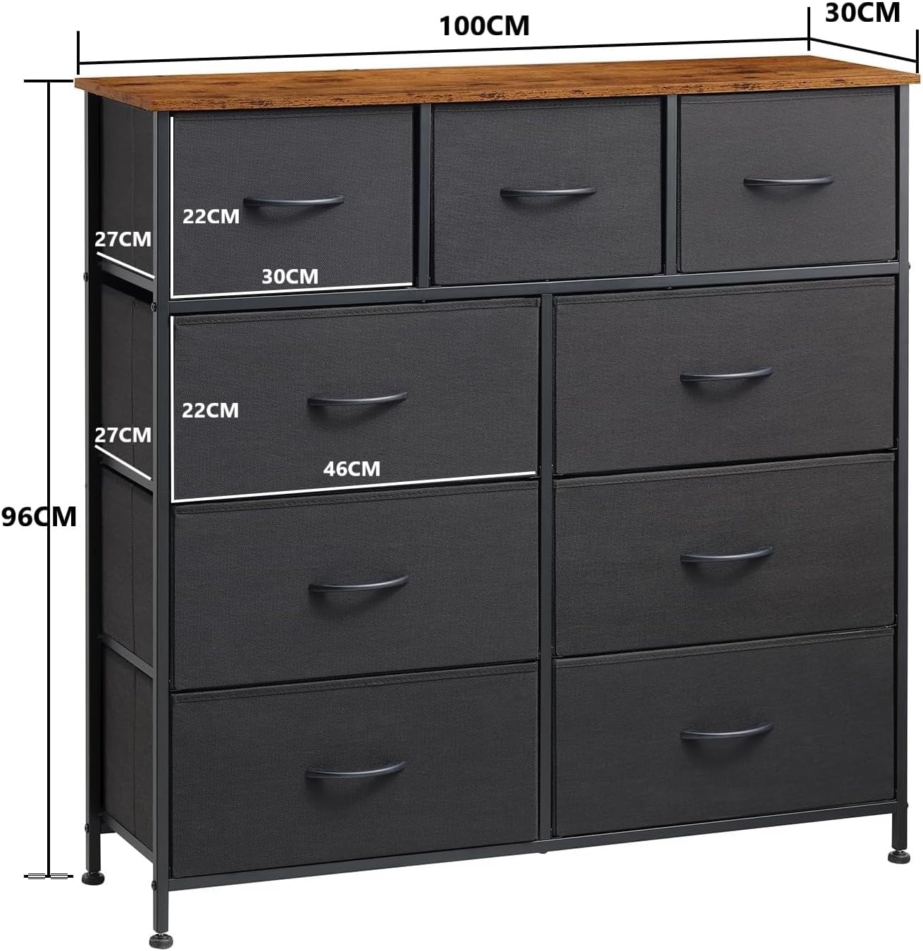 SKY-TOUCH Storage Cabinet : Bedroom Dresser with 9 Drawers Wide Storage Chest with Removable Fabric Bins Storage Organizer Unit for Living Room Entryway Hallway Nursery Kids Room (100*30*96CM Black)