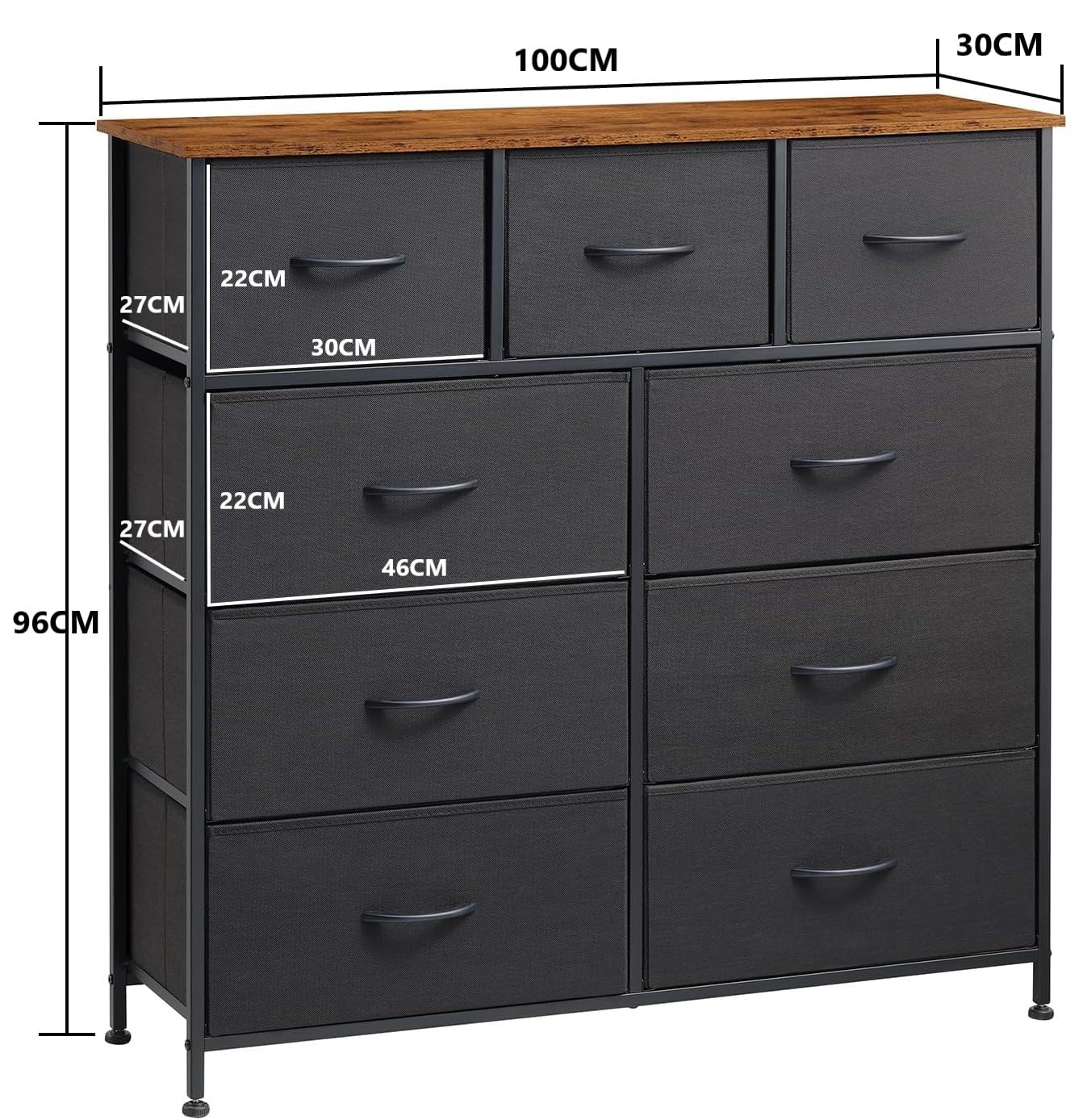 SKY-TOUCH Storage Cabinet : Bedroom Dresser with 9 Drawers Wide Storage Chest with Removable Fabric Bins Storage Organizer Unit for Living Room Entryway Hallway Nursery Kids Room (100*30*96CM Black)