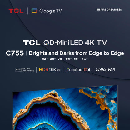 TCL 75 Inch TV, 4K QD-Mini LED, Smart TV, Google TV, Game Master 2.0, Dolby Vision IQ-Atmos HDR 1300 nits peak IMAX Enhanced 144HZ VRR - 75C755