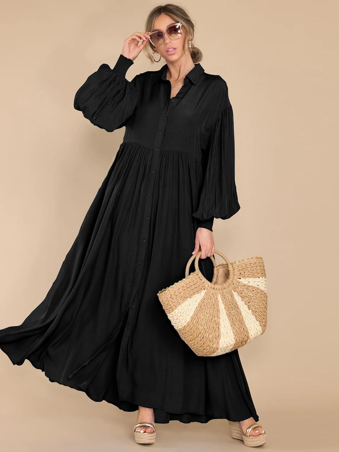 Women's Maxi Shirt Dress Button Down Long Sleeve Casual Flowy A-line Long Dress