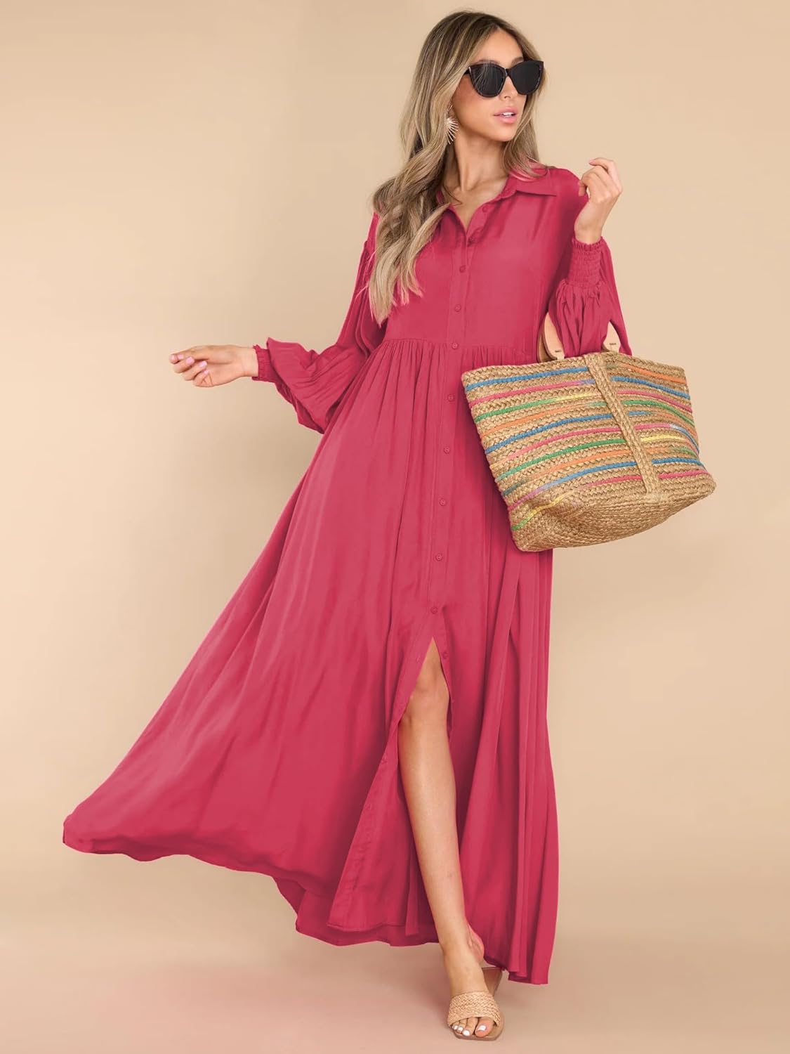 Women's Maxi Shirt Dress Button Down Long Sleeve Casual Flowy A-line Long Dress