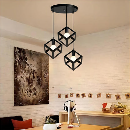 HUA QIANG WANG Industrial Pendant Light, 3-Light Vintage Black Ceiling Lamp, Adjustable Height Hanging Chandelier Lighting Fixture for Kitchen Island Living Room Dining Room Bedroom