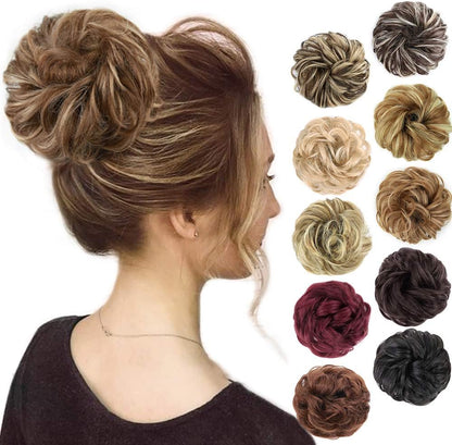 MORICA 1PCS Messy Hair Bun Hair Scrunchies Extension Curly Wavy Messy Synthetic Chignon for Women (12AH613(Light Golden Brown & Lightest Blonde))