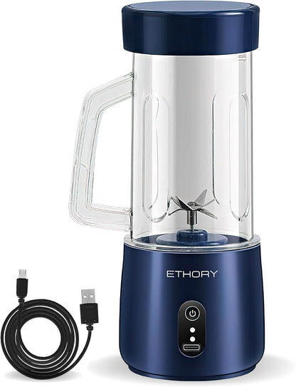 ETHORY Portable Mini Blender, Wireless Juicer Cup Smoothie Maker with 6 Blades, USB Rechargeable Fruit Juice Mixer 90W 380ML, with 1500mAh Rechargeable Battery (Blue)