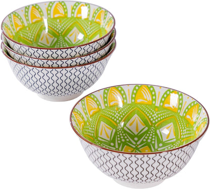 Techplus Set of 4 Orange and Green Ceramic Bowls – 6.25 Inch Floral Pattern – Microwave, Dishwasher, Oven Safe – Perfect for Salads, Pasta, Soup – Stylish Kitchen Gift