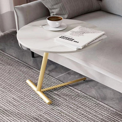 Kutis Modern Creative Round Slate Side Table for Bedroom and Living Room - Nightstand and Coffee Table with T-Shaped Metal Frame, Modern Design, and Versatile Functionality 40x50 cm.