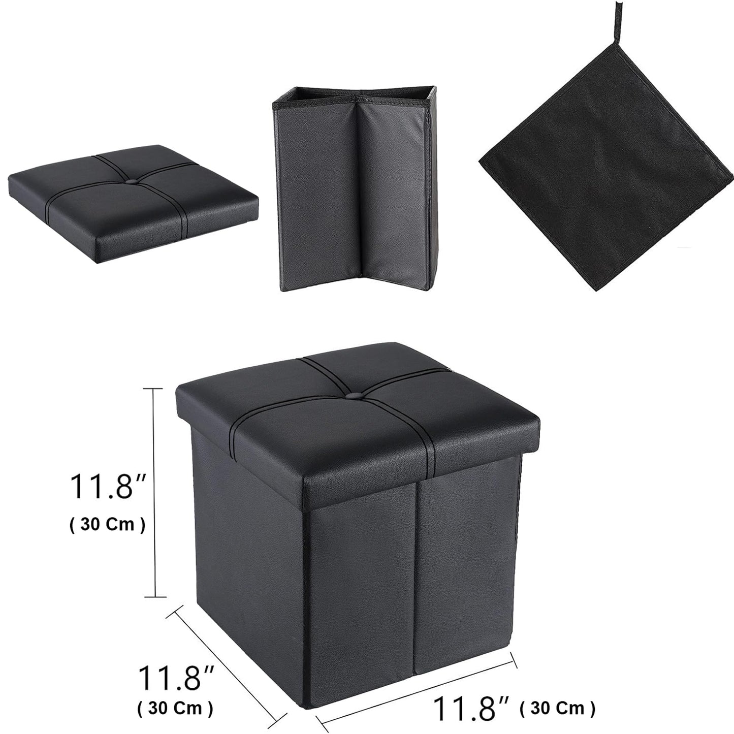 Versa-Mart Faux Leather Square Foot Rest Stool with Storage: Folding Ottoman Footrest for Ottoman Chest, Toy Box, 11.8"X11.8"X11.8", Black - Pack of 1