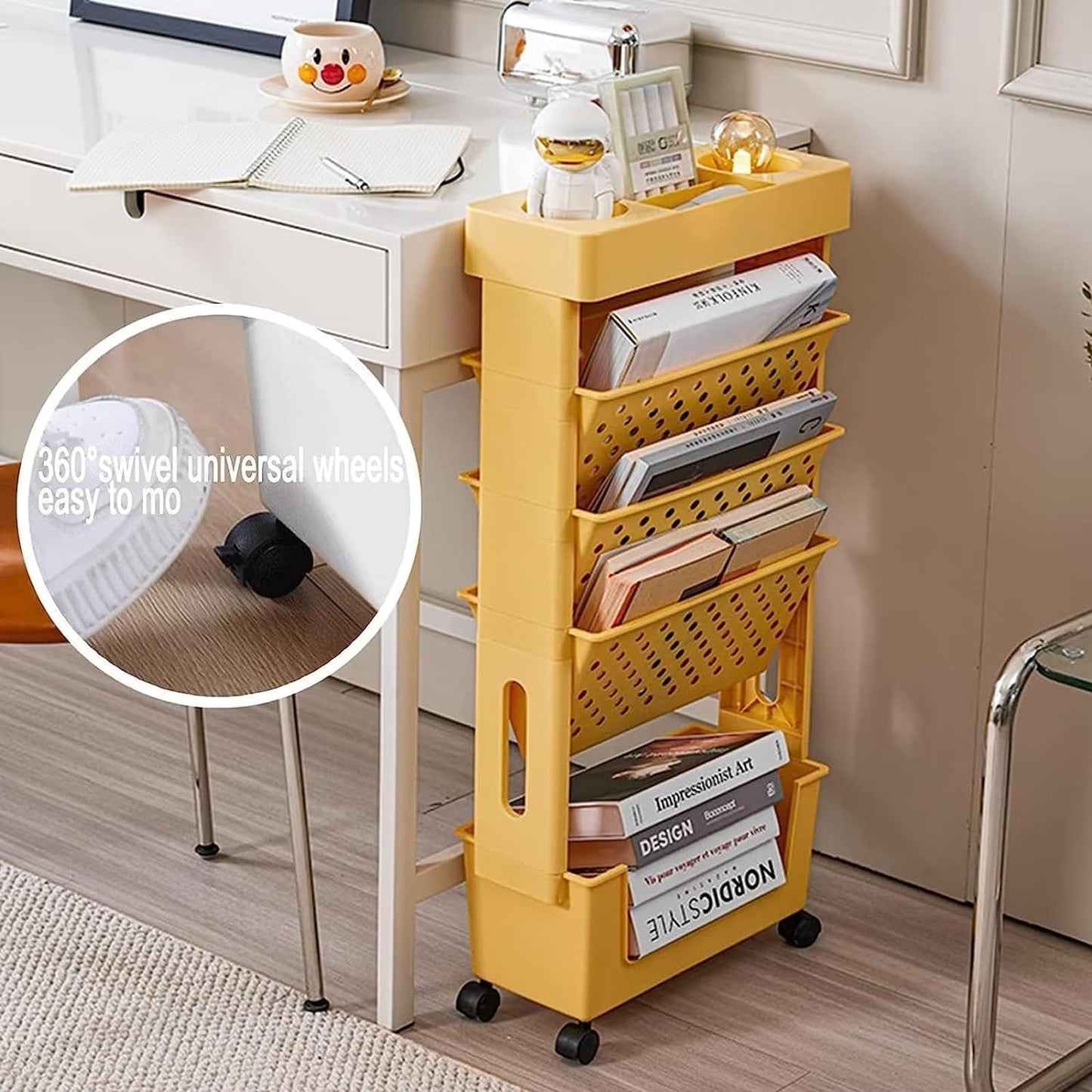 U-HOOME 5 Tiers Movable Bookshelf Cart with Wheels, Removable Unique Bookcase, Utility Organizer Book Rack with Wheels for Kids Children Students Study in Bedroom Living Room Home School (White 1)