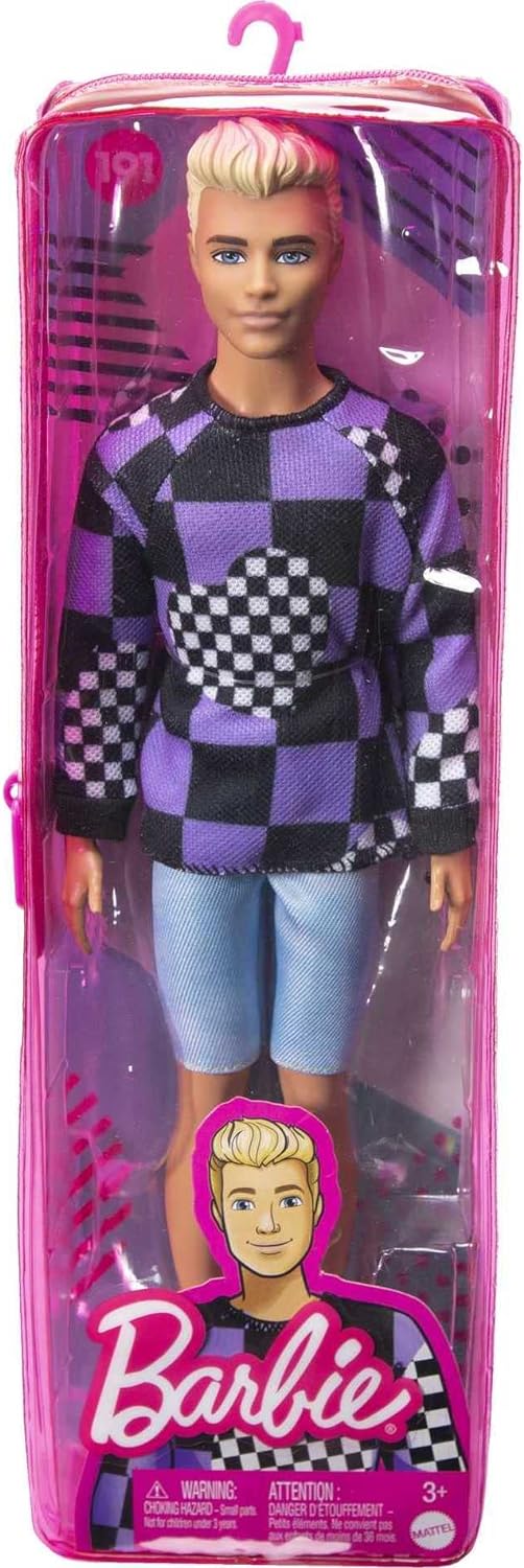 Barbie Ken Fashionistas Doll #191, Blonde Cropped Hair, Checkered Sweater, Denim Shorts, White Sneakers, Toy for Kids 3 to 8 Years Old