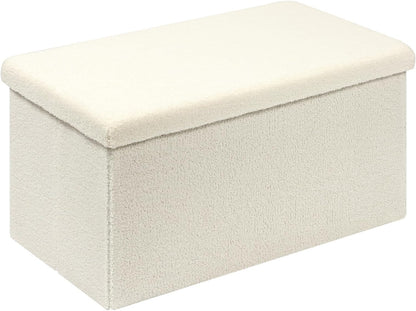 PINPLUS Storage Ottoman Foot Rest Stool, White Folding Sherpa Ottoman, Ottoman with Storage, Teddy Velvet Ottoman for Living Room, Bedroom, Dorm, 16.5" x 12.6" x 12.6"