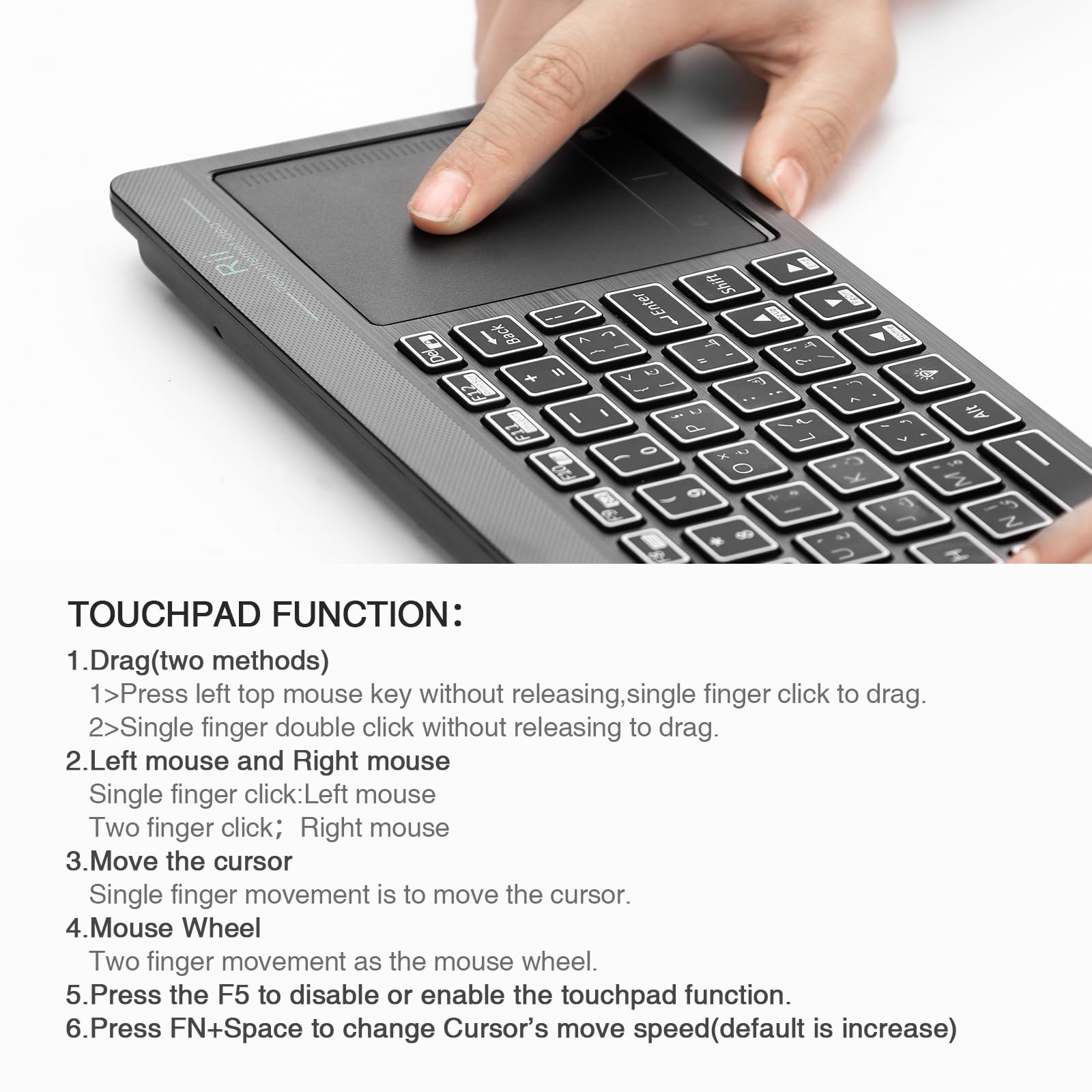 [Arabic layout]Rii RT518S Wireless and Bluetooth 2-LED Color Backlit Multimedia Keyboard with Multi-Touch Big Size Trackpad,Rechargable Keyboard - CaveHubs