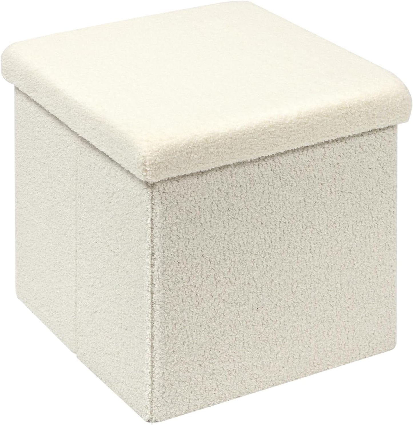 PINPLUS Storage Ottoman Foot Rest Stool, White Folding Sherpa Ottoman, Ottoman with Storage, Teddy Velvet Ottoman for Living Room, Bedroom, Dorm, 16.5" x 12.6" x 12.6"