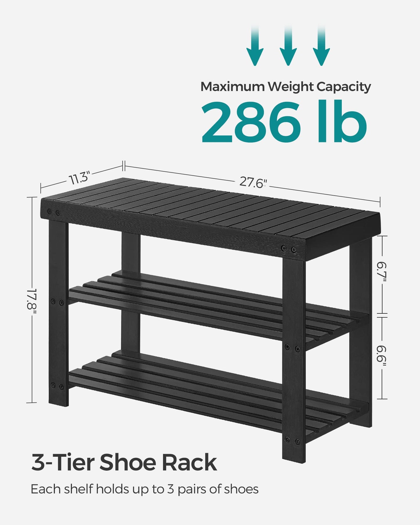 SONGMICS Shoe Rack Bench, 3-Tier Bamboo Shoe Storage Organizer, Entryway Bench, Holds Up to 286 lb, for Entryway Bathroom Bedroom, Natural ULBS04N