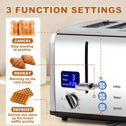 CUSIMAX 4 Slice Toaster LED Display Bread Toaster with Dual Control Panels of Timer, Extra Wide Slots and 6 Browning Settings, Cancel/Reheat/Defrost Function, Removable Crumb Trays, Silver