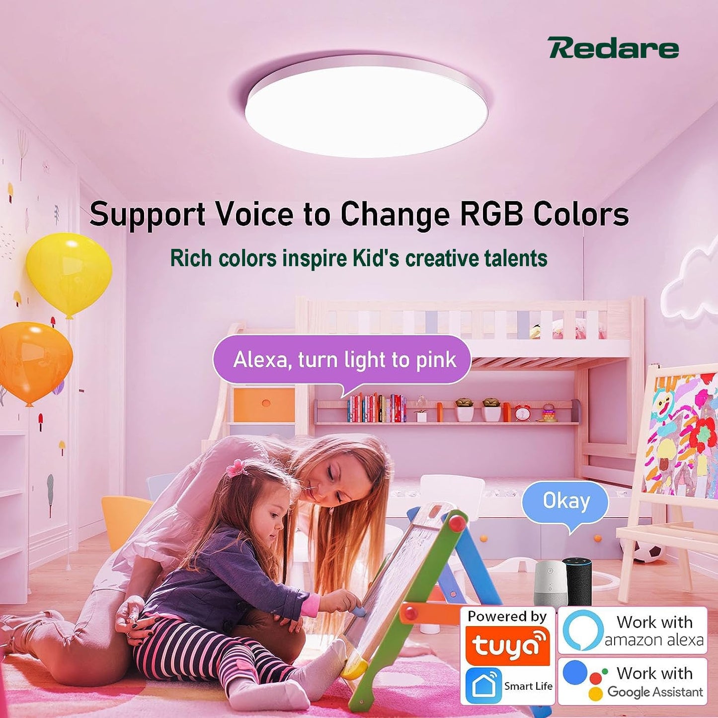 Redare Alexa Smart Ceiling Light,RGB Wifi Ceiling Light,30cm 24W Dimmable LED Flush Mount Ceiling Light Compatible with Alexa Google Home,Color Changing Ceiling Lamp for Bedroom,Kitchen (WiFi, White)