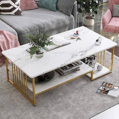 LEDIN Coffee Table with Storage, Rectangular Sofa Tables Open Shelf for Living Room, Center Marble Finish and Metal Frame Dining Home Office (White Marble + Gold)