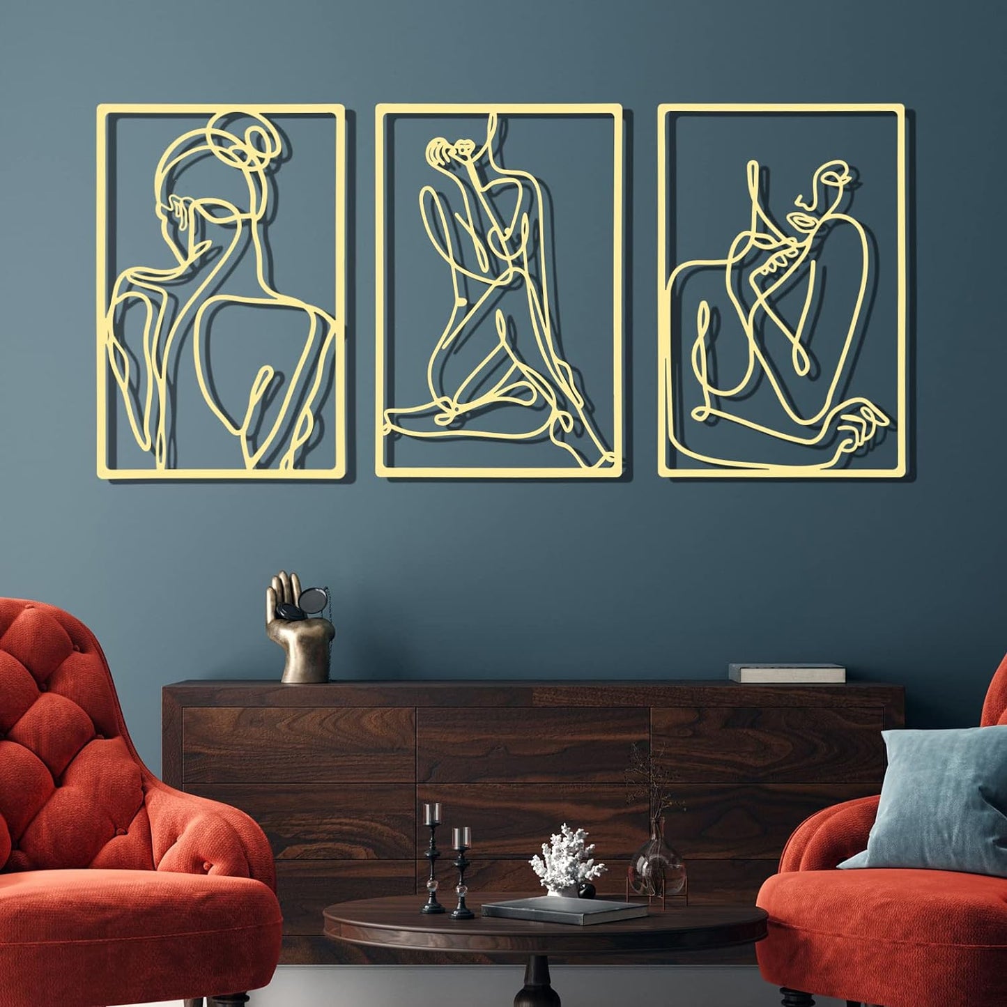 CHENGU 3 Pieces Metal Minimalist Abstract Woman Wall Art Line Drawing Wall Art Decor Single Line Female Home Hanging Wall Art Decor for Kitchen Bathroom Living Room (Black, Hand)