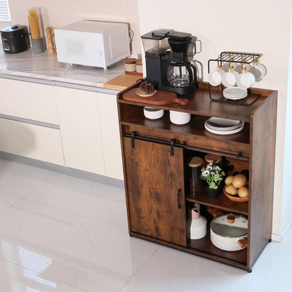 ALBAD Coffee Bar Cabinet/Table, 32" Buffet Sideboard with Sliding Barn Door and Storage Shelves, Farmhouse Wood Kitchen/Accent Storage Cabinet White